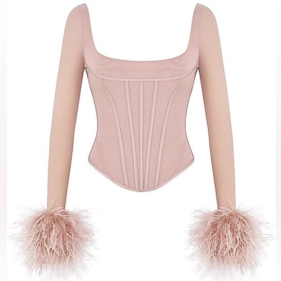 💥SOLD💥 House of CB Stella Blush Pink Mesh Feather Trimmed Corset Top Small - Picture 7 of 16